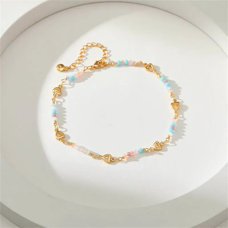 Pink Bead & Goldtone Copper Heart Station Anklet made by Zulily