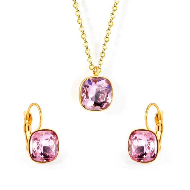 Pink Crystal & Goldtone Square Huggie Earring Set made by Zulily