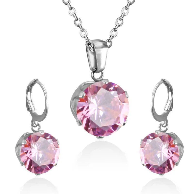 Pink Cubic Zirconia & Silvertone Huggie Earrings & Pendant Necklace made by Zulily