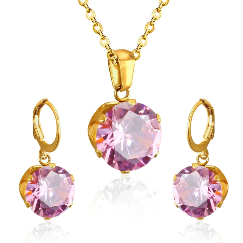 Pink Cubic Zirconia & Goldtone Huggie Earrings & Pendant Necklace made by Zulily