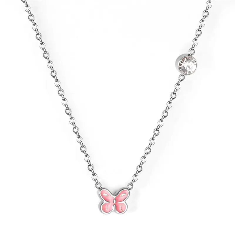 Pink Enamel & Cubic Zirconia Silvertone Butterfly Pendant Necklace made by Zulily