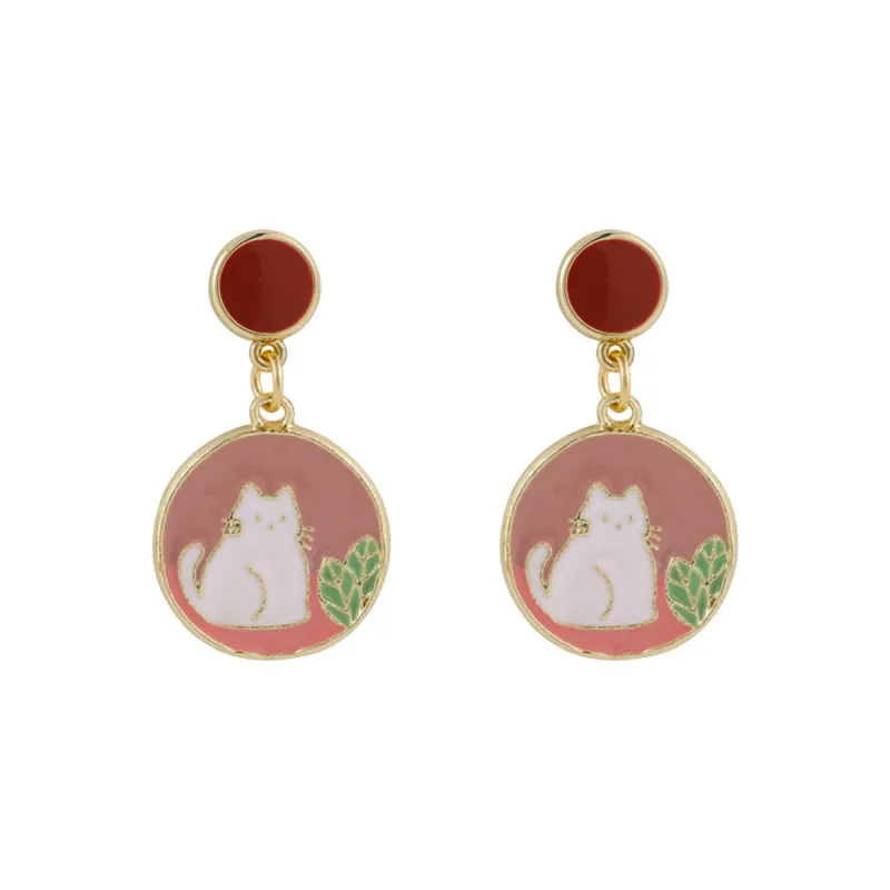 Pink Enamel & Goldtone Round Cat Drop Earring made by Zulily