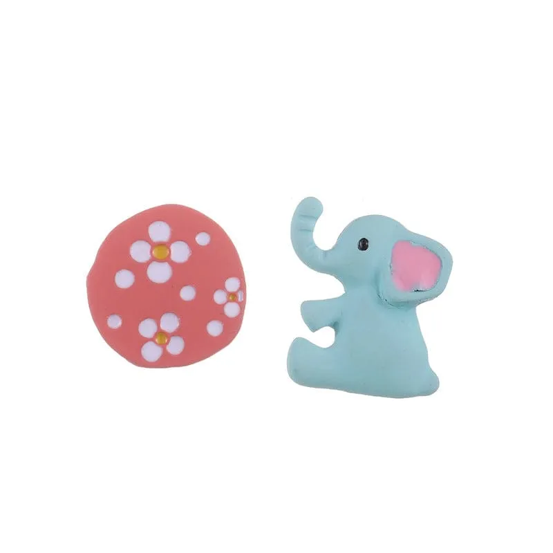 Pink Flower & Teal Enamel Elephant Mismatch Stud Earrings made by Zulily