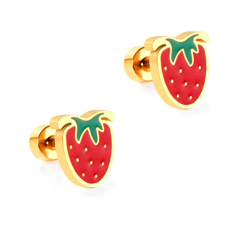 Red & Green Enamel Goldtone Trawberry Stud Earrings made by Zulily