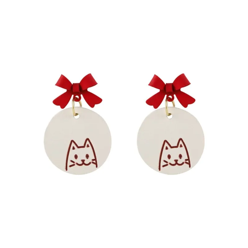 Red & White Enamel Bow Cat Round Drop Earrings made by Zulily
