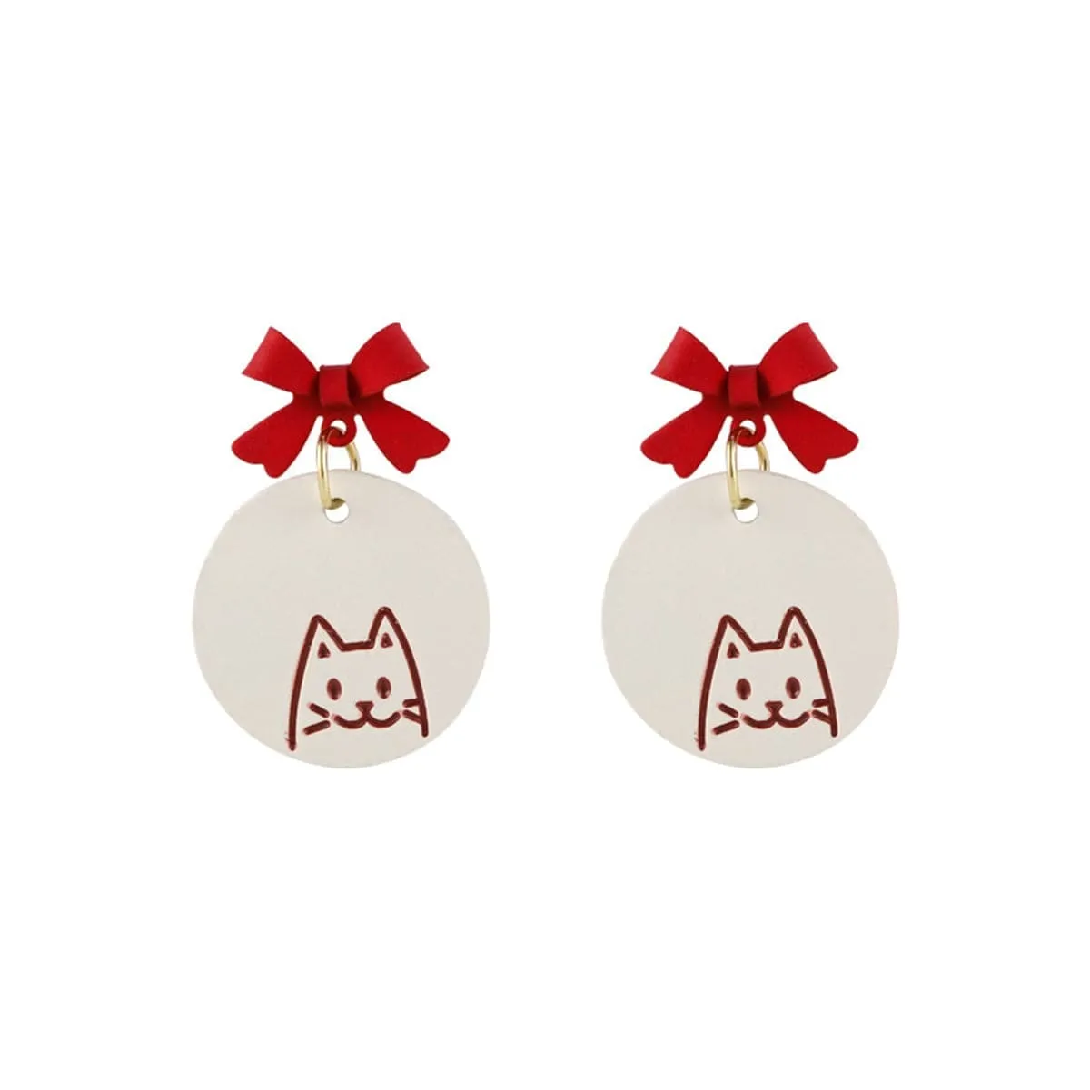 Red & White Enamel Bow Cat Round Drop Earrings sold by Zulily