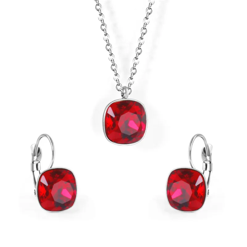 Red Crystal & Silvertone Square Leverback Earrings & Pendant Necklace made by Zulily