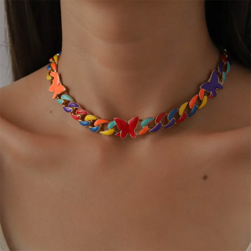 Red Enamel & Goldtone Multicolor Butterfly Curb Chain Necklace made by Zulily