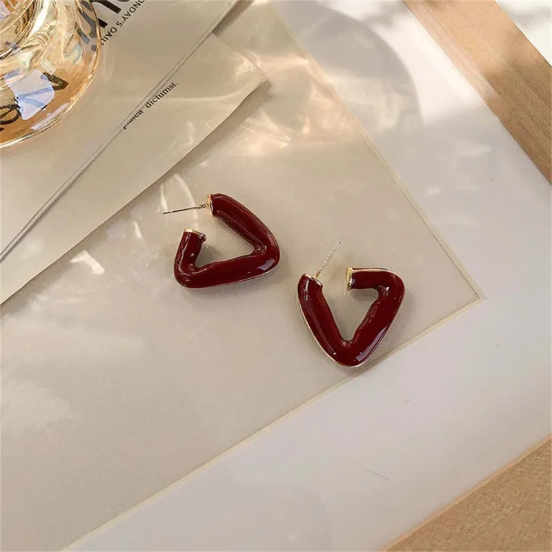 Red Enamel & Goldtone Open Triangle Huggie Earrings made by Zulily