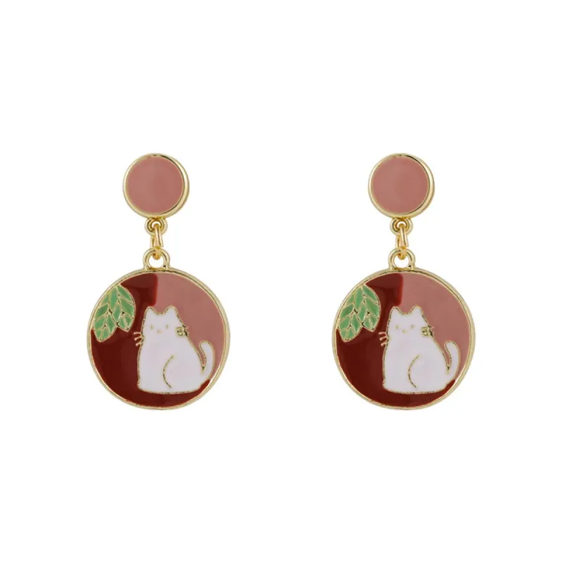Red Enamel & Goldtone Round Cat Drop Earring made by Zulily