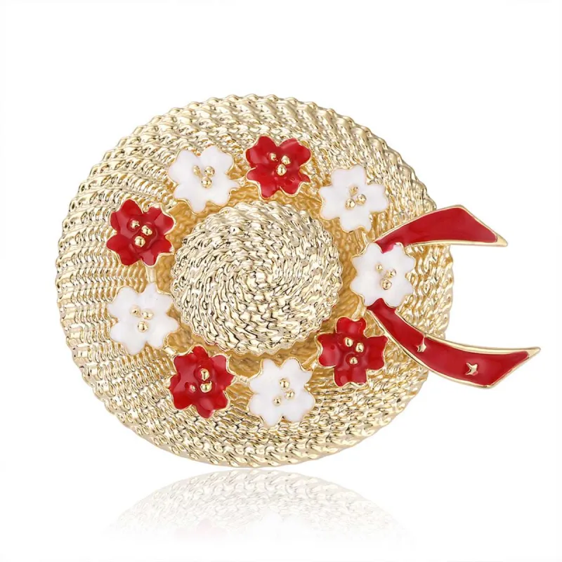 Red Enamel & Goldtone Floral Sunhat Brooch made by Zulily