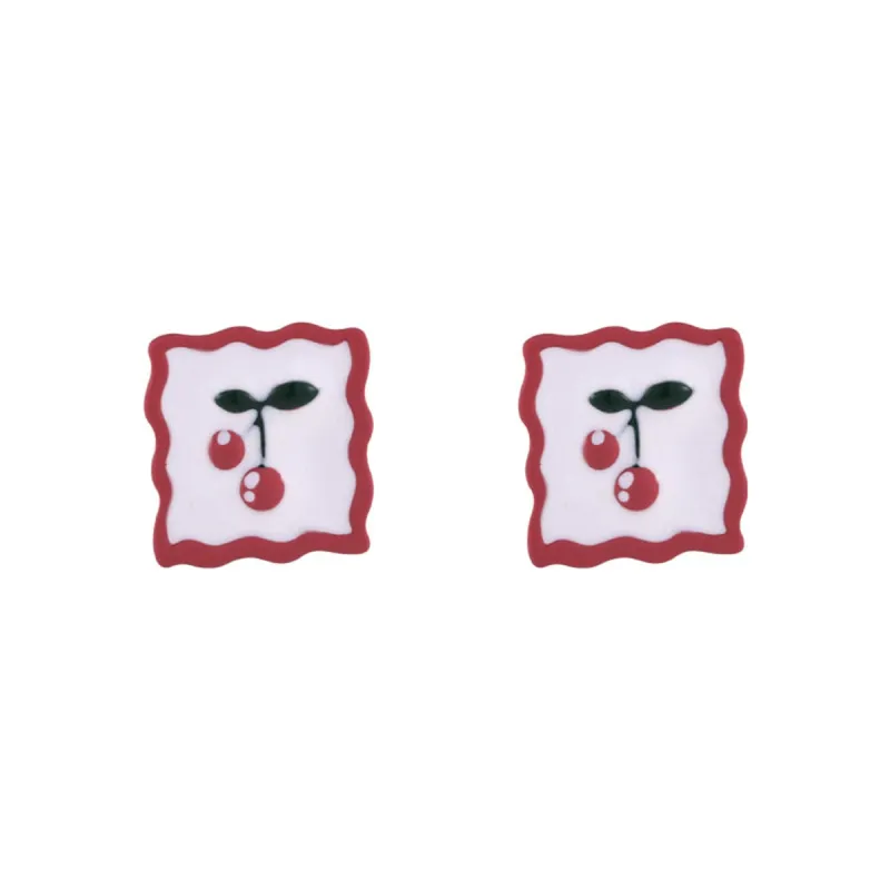 Red Enamel & Silvertone Cherry Square Stud Earrings made by Zulily