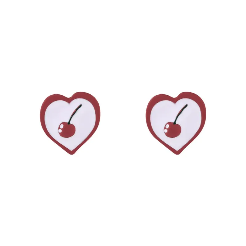 Red Enamel & Silvertone Cherry Heart Stud Earrings made by Zulily