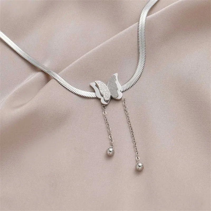 Stainless Steel Snake-Chain Butterfly Tassel Pendant Necklace made by Zulily
