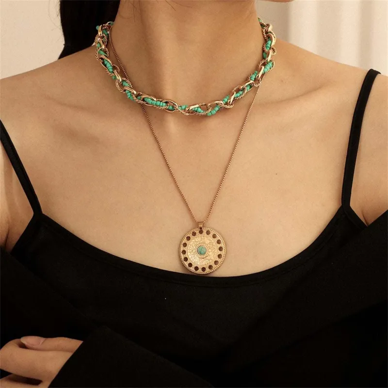 Turquoise & Goldtone Round Pendant Necklace Set made by Zulily