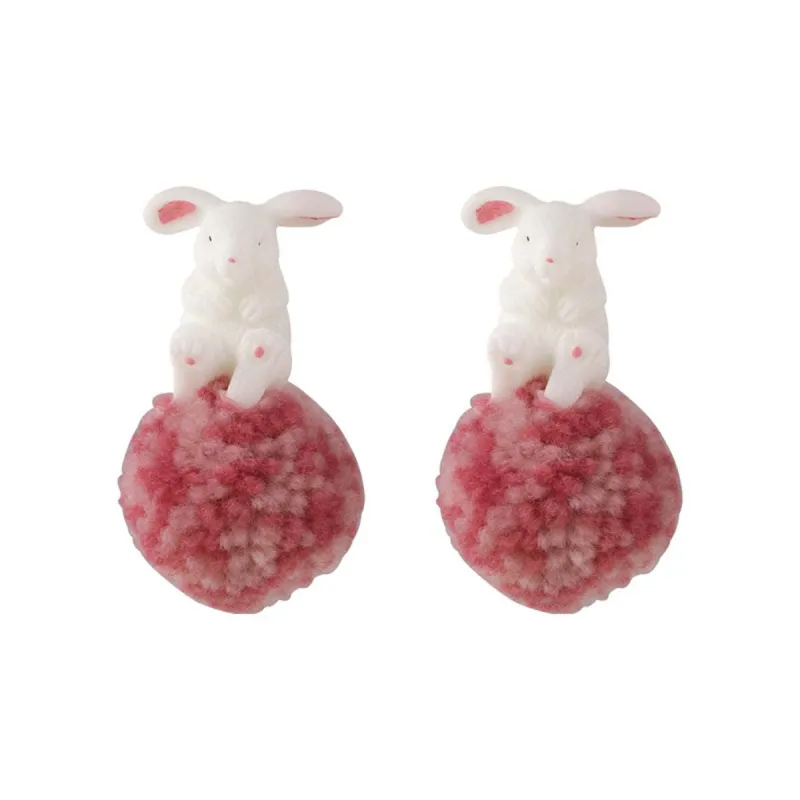 White & Pink Wool Pom-Pom Rabbit Drop Earrings made by Zulily