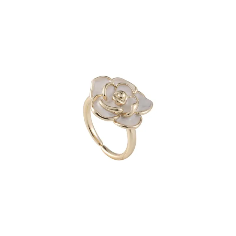 White Enamel & Goldtone Floral Camellia Adjustable Ring made by Zulily