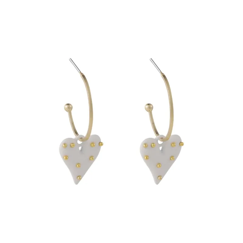 White Enamel & Goldtone Spotted Heart Drop Earrings made by Zulily