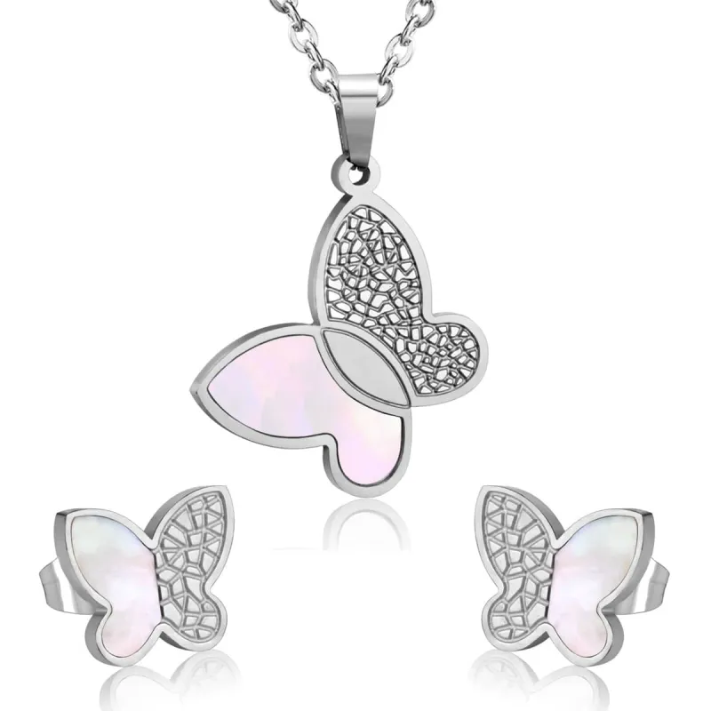 White Shell & Silvertone Butterfly Stud Earrings & Pendant Necklace made by Zulily
