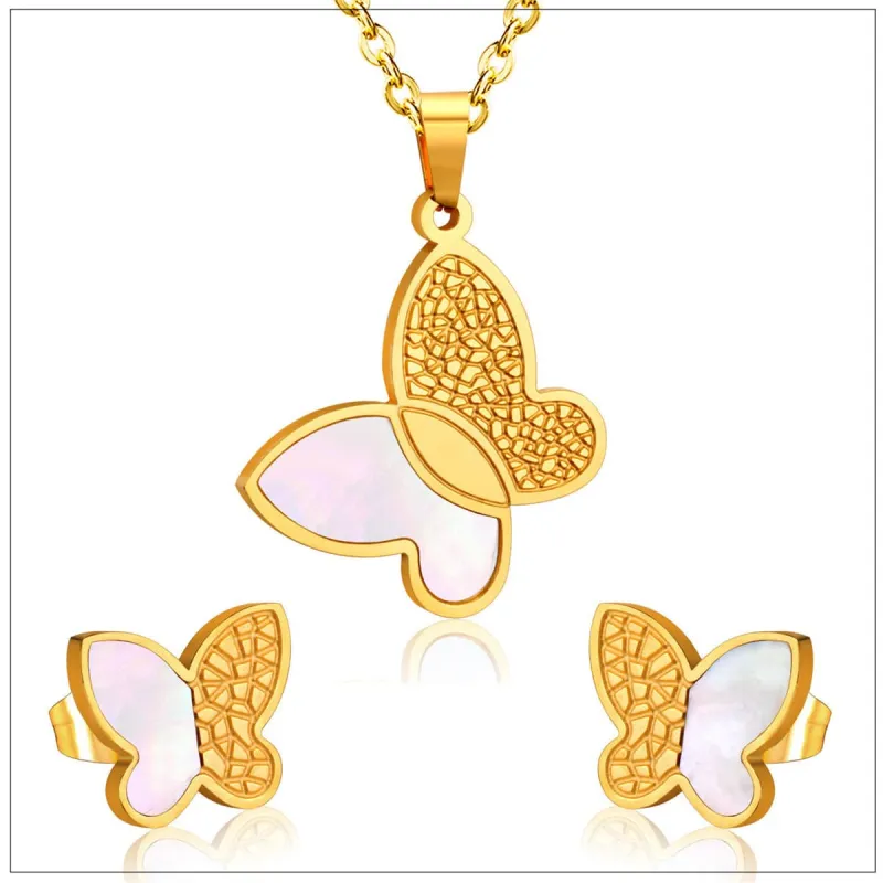 White Shell & Goldtone Butterfly Stud Earrings & Pendant Necklace made by Zulily