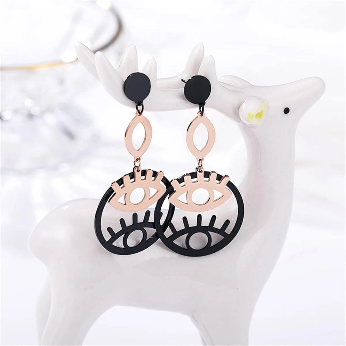 Black & Rose Goldtone Double Eyes Drop Earrings sold by Zulily