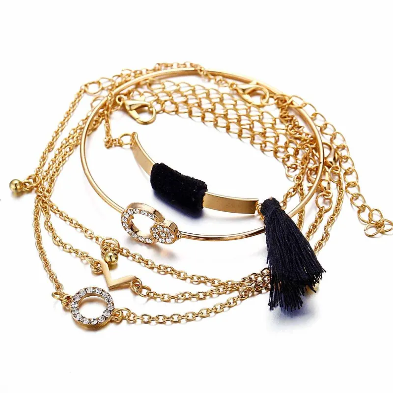 Black Cubic Zirconia & Polyster Goldtone Tassel-Accent Bracelet Set made by Zulily