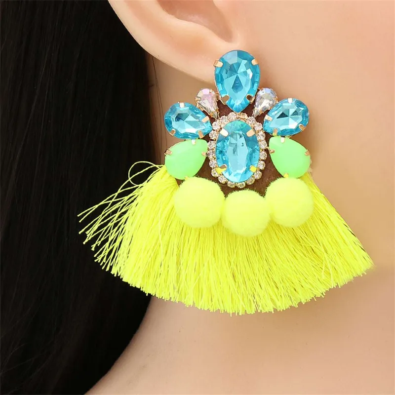Blue Crystal & Yellow Polyster Goldtone Tassel Earrings made by Zulily