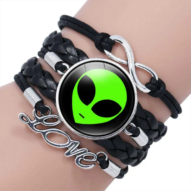 Black Polystyrene & Silvertone Green Alien 'Love' Braided Layered Bracelet made by Zulily