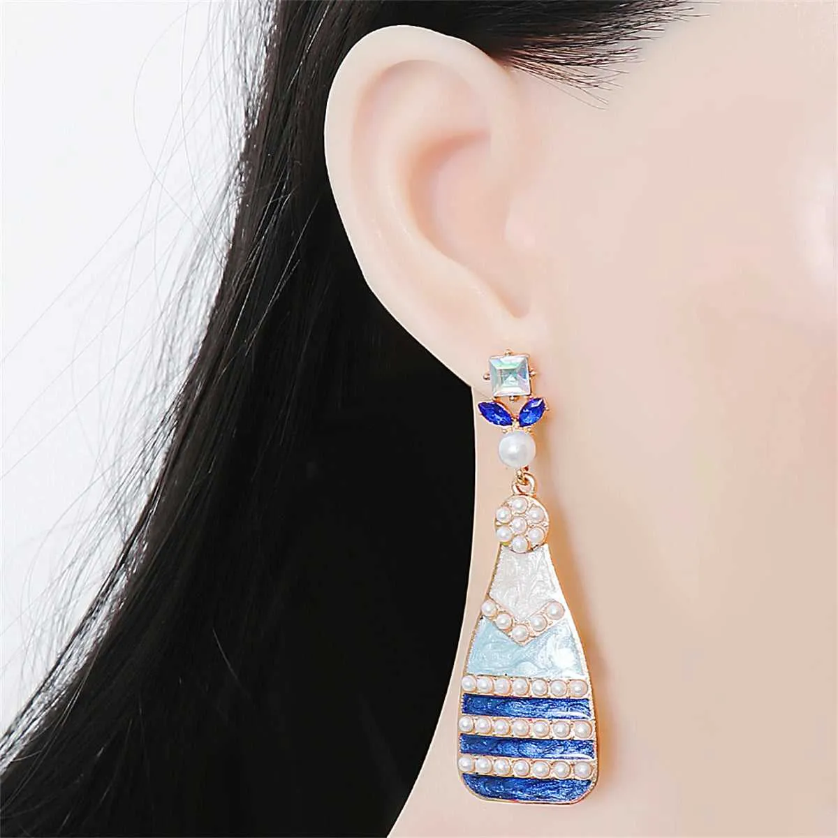 Blue Enamel & Pearl Goldtone Bottle Drop Earrings sold by Zulily