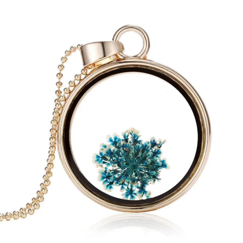 Blue Gypsophila & Resin Round Pendant Necklace made by Zulily