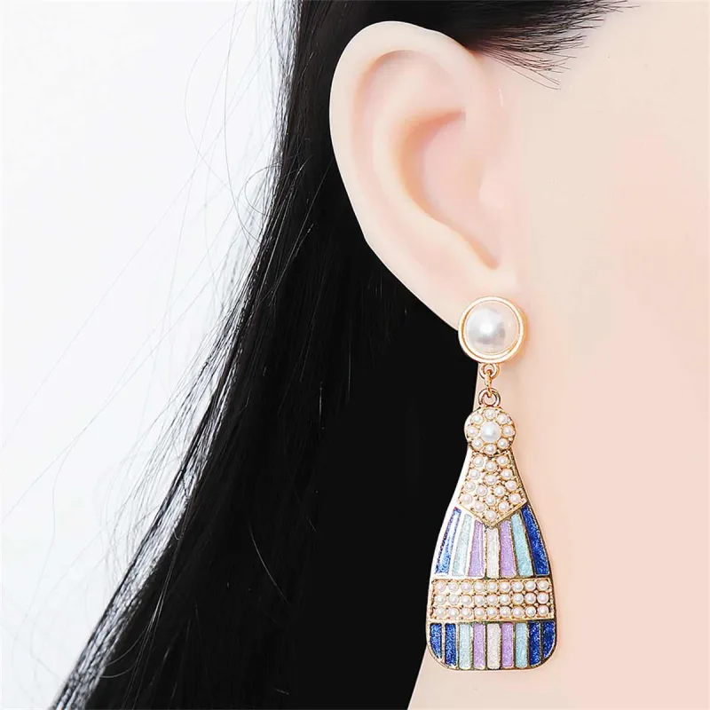 Blue Enamel & Pearl Goldtone Sparkling Champagne Drop Earrings made by Zulily