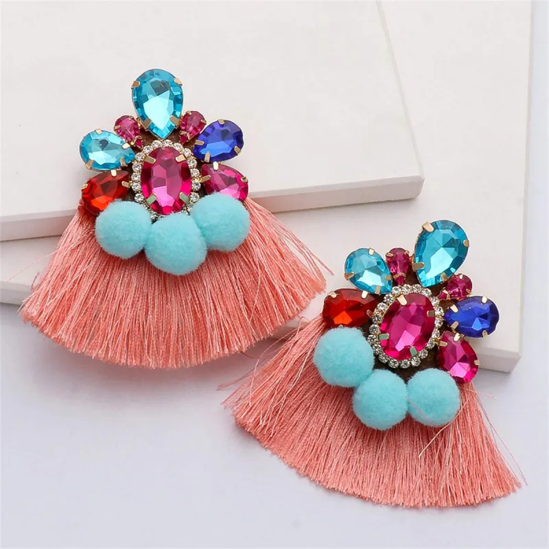 Coral & Aqua Crystal Pom-Pom Tassel Pear-Cut Drop Earringss made by Zulily