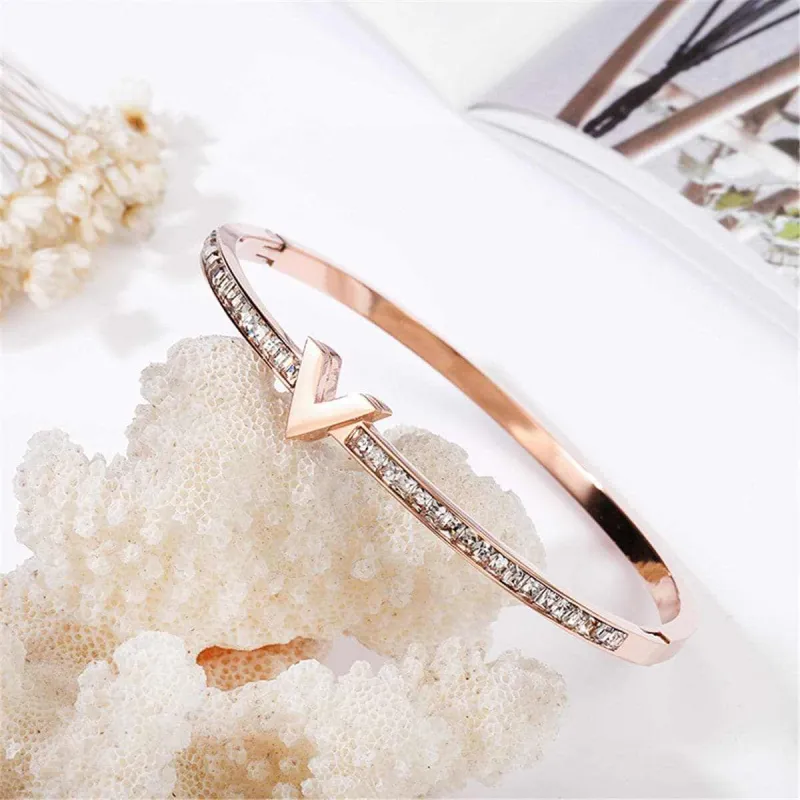 Cubic Zirconia & Rose Goldtone 'V' Bangle made by Zulily