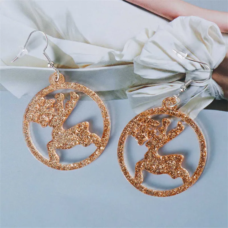 Golden Acrylic & Silvertone Glitter Openwork Reindeer Round Drop Earrings made by Zulily