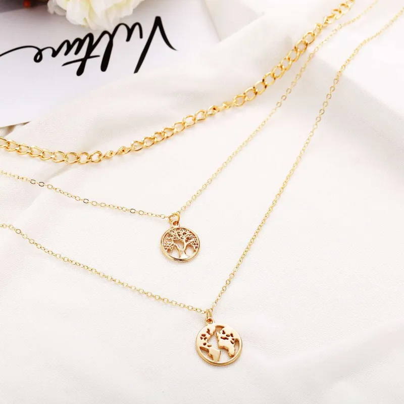 Goldtone Tree & Map Figaro Layered Choker Pendant Necklace made by Zulily