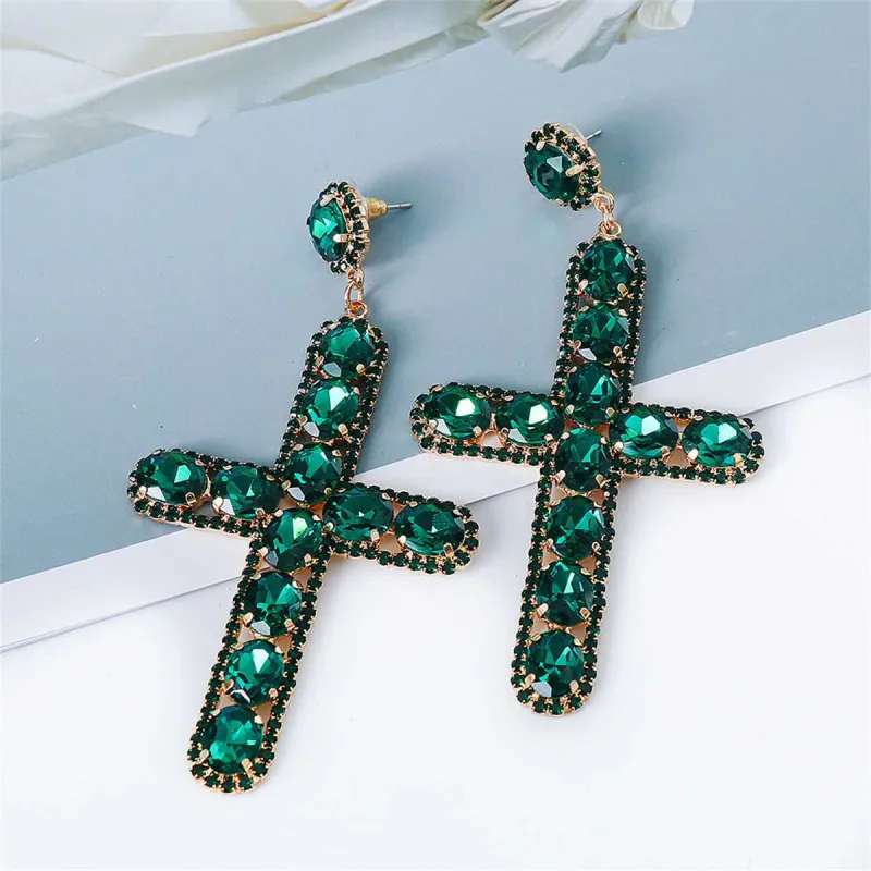 Green Crystal & Cubic Zirconia Cross Drop Earrings made by Zulily