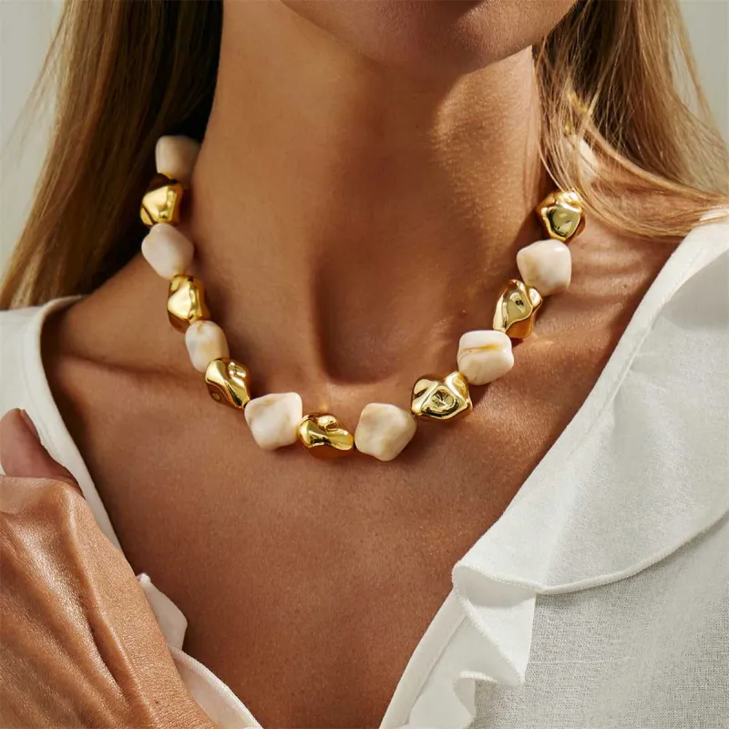 Beige Resin & Goldtone Irregular Rhombus Station Collar Necklace made by Zulily