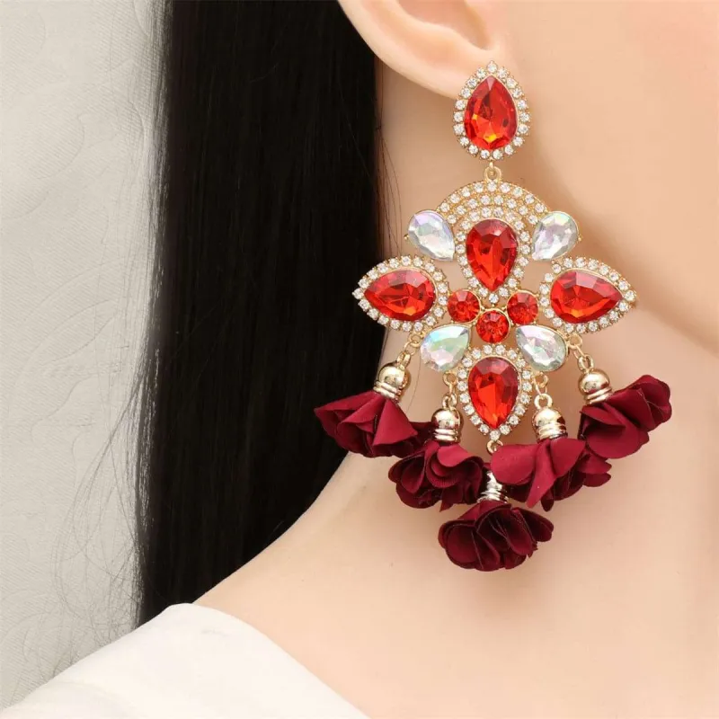 Maroon Silk & Red Crystal Goldtone Flower Tassel Drop Earrings made by Zulily