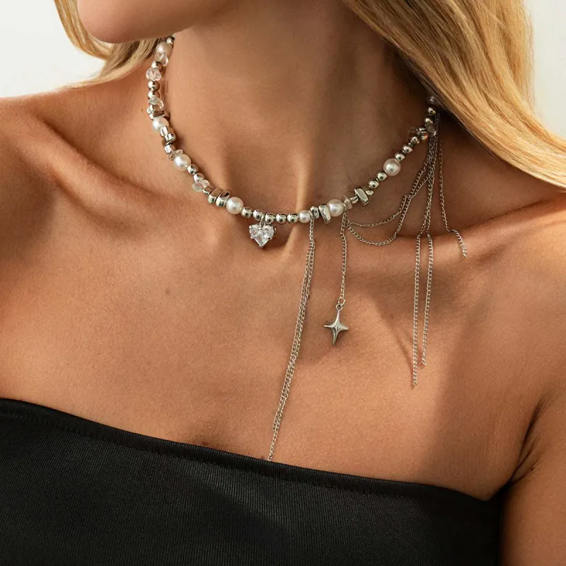 Clear Resin & Crystal Pearl Silvertone Heart Pendant Tassel Necklace made by Zulily