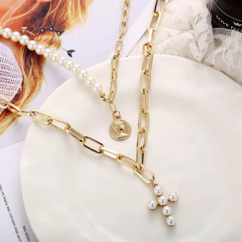 Pearl & Goldtone Cross Layered Pendant Necklace made by Zulily