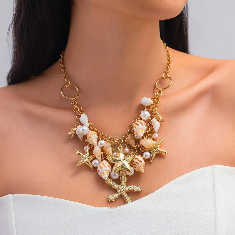 Pearl & Goldtone Starfish Conch Cluster Statement Necklace made by Zulily