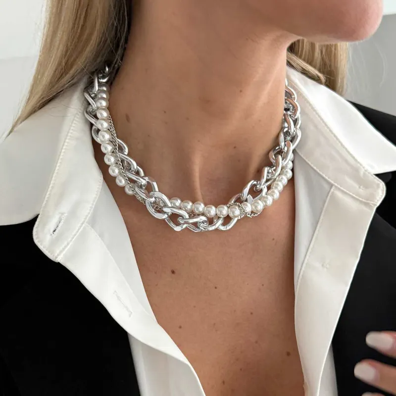 Pearl & Silvertone Curb Chain Layered Collar Necklace made by Zulily