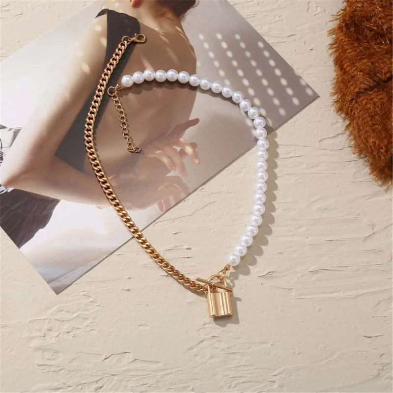 Pearl & Goldtone Lock Pendant Necklace made by Zulily