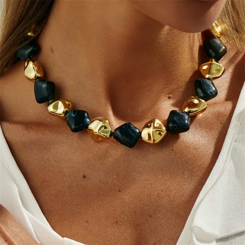 Black Resin & Goldtone Irregular Rhombus Station Collar Necklace made by Zulily