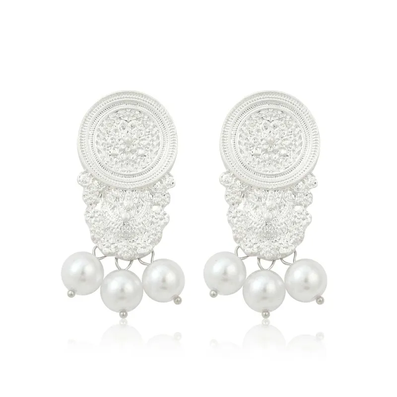 Pearl & Silvertone Carved Ornate Drop Earrings made by Zulily