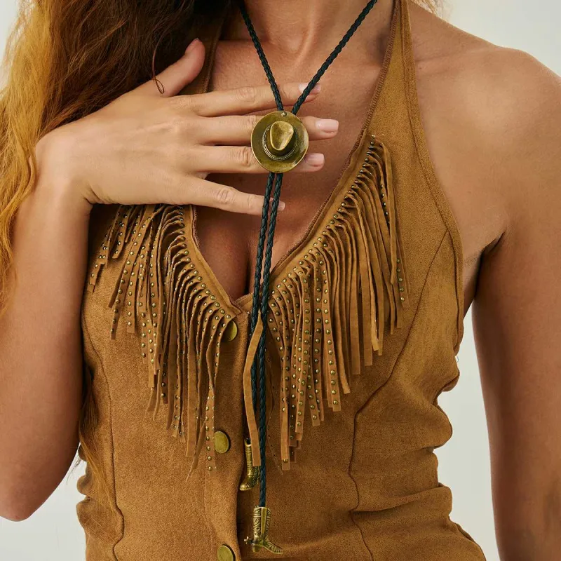 Black Polyster & Goldtone Cowgirl Hat Boot Lariat Necklace made by Zulily