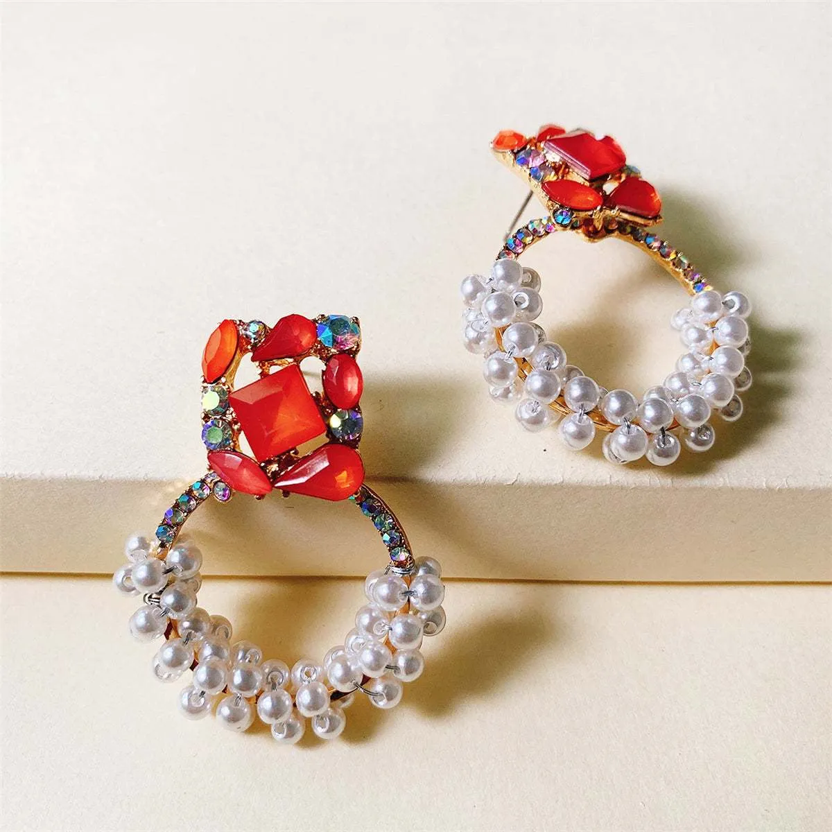 Pearl & Red Crystal Goldtone Drop Earrings sold by Zulily