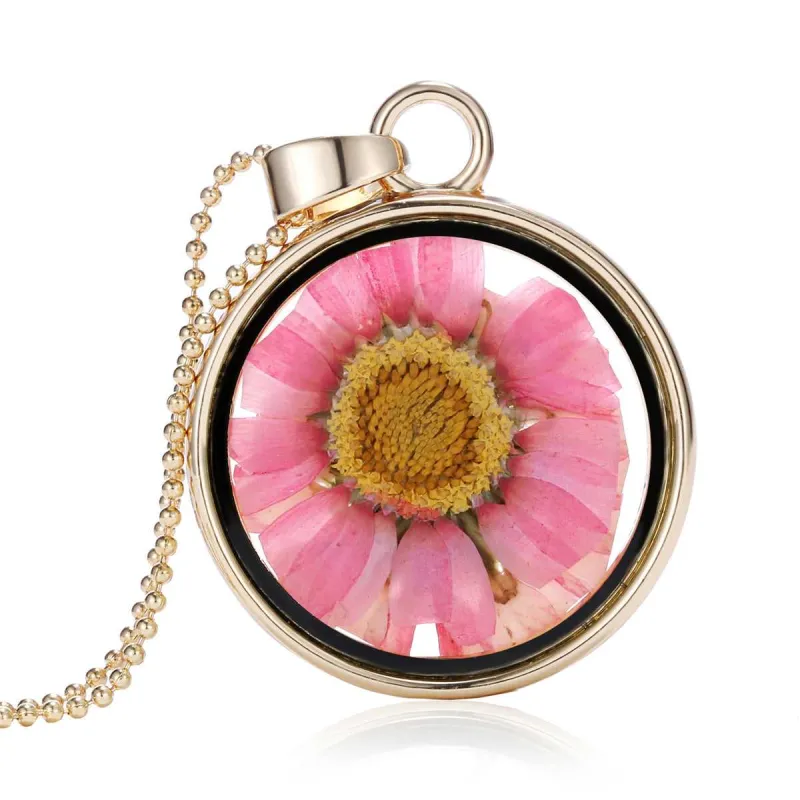 Pink Pressed Mum & Goldtone Round Pendant Necklace made by Zulily