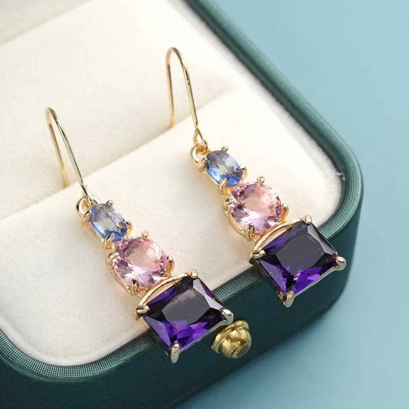 Purple Crystal & 18K Gold Plated Square Drop Earrings made by Zulily