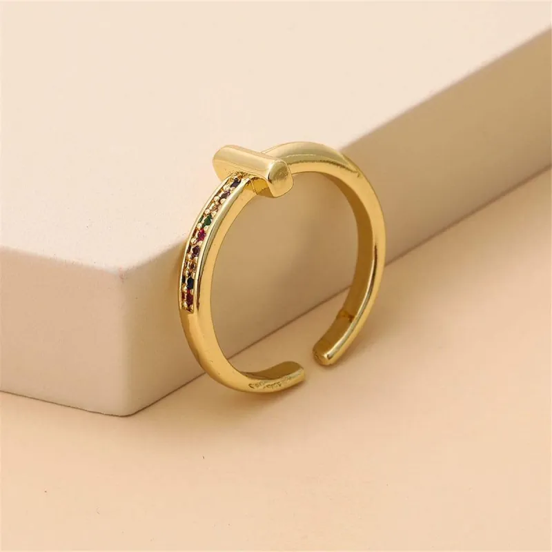 Rainbow Cubic Zirconia & Goldtone T Open Ring made by Zulily